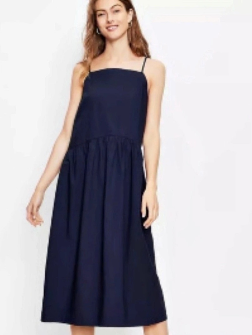 LOFT Seamed Waist Square Neck Midi Dress Blue